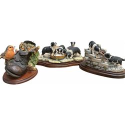 Border fine arts figures, Pick of the litter, model no JH30, by Ray Ayres L26cm, Tug of war, model no JH61, by D Walton H11.5cm and Robin with chicks in boot, model no RB45, by by Ray Ayres H11cm.  