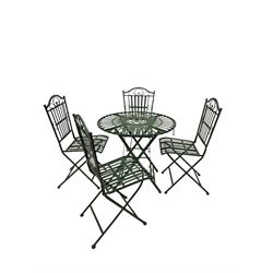 Wrought metal slatted round folding garden table and four chairs in green finish - THIS LOT IS TO BE COLLECTED BY APPOINTMENT FROM DUGGLEBY STORAGE, GREAT HILL, EASTFIELD, SCARBOROUGH, YO11 3TX