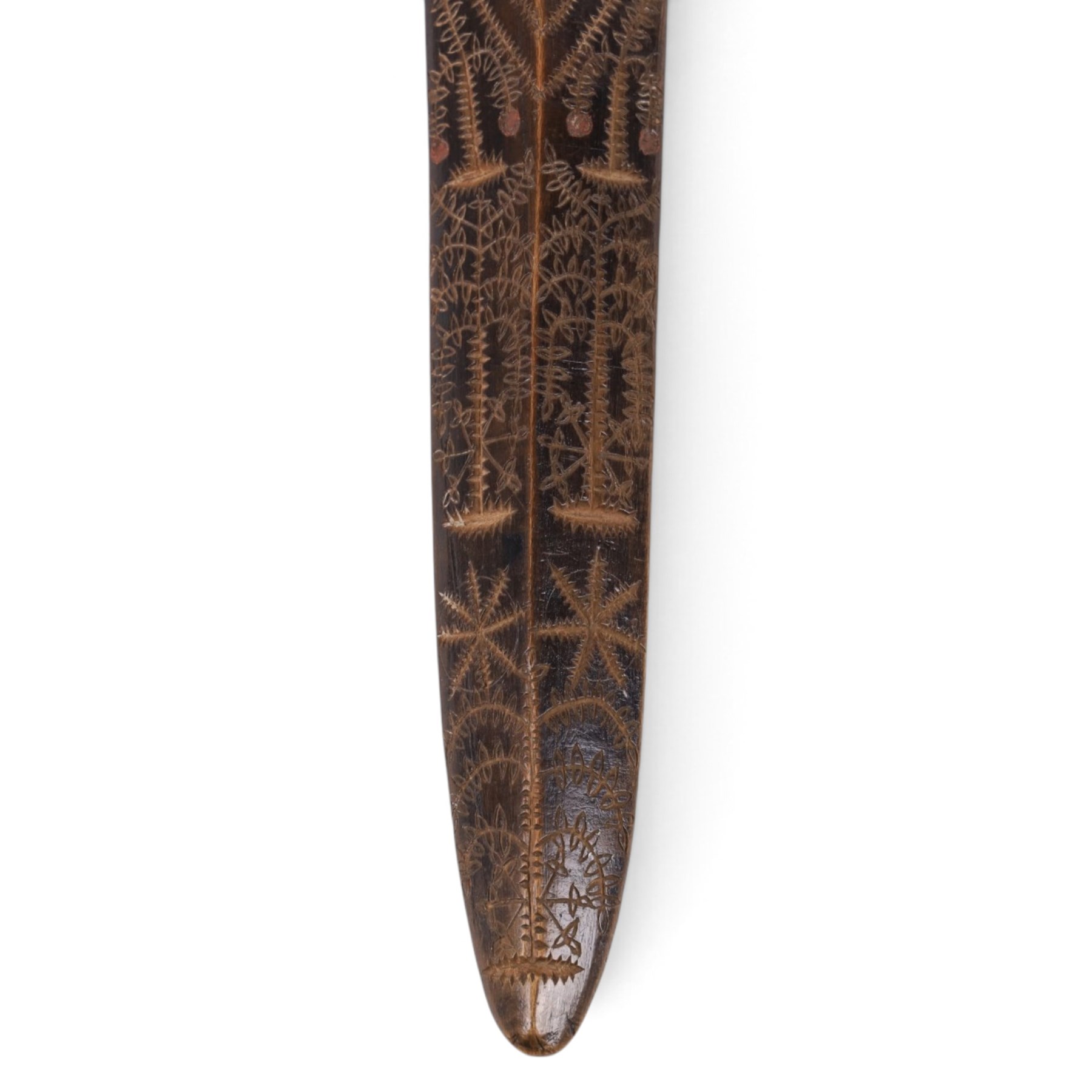 19th century stay busk, of typical triangular form carved with hearts and stylised flowers, with two carving of birds to the verso, L29cm