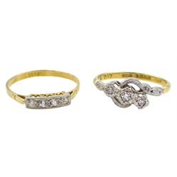 18ct gold three stone diamond crossover ring, Birmingham 1961 and an 18ct gold four stone white sapphire ring, stamped