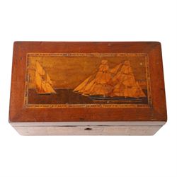 19th century satin wood marquetry inlaid correspondents box, the lid with inlaid three-masted sailing ship, opening to fitted compartments,  H1cm, L21cm, D12cm
