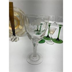  Air twist stem wine glass engraved with York Minster, H17cm, together with set of four late 20th century hock glasses with green stem, other coloured glass vases etc