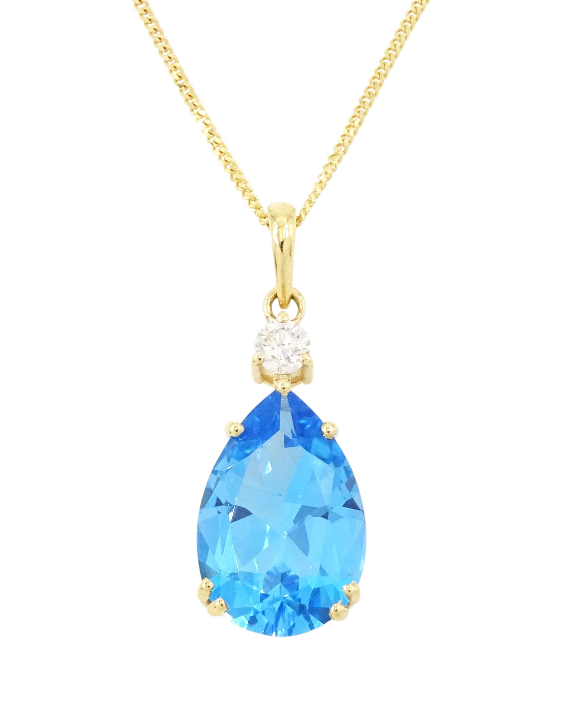 18ct gold blue topaz and diamond pendant necklace, single pear cut Swiss blue topaz of approx 6.60 carat, suspending from a single round brilliant cut diamond of approx 0.15 carat