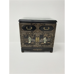 Oriental style black lacquered cabinet with Shibayama type decoration, W62cm, H61cm, D41cm