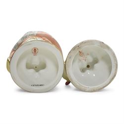 Sampson Hancock Derby 'Theatre Road Haymarket' Mansion House Dwarf, signed M. Mason, painted marks beneath, H18cm and a Royal Crown Derby 'Auction of Elegant Household Furniture' Mansion House Dwarf, signed J. Etherington, dated 2006, printed marks (2)