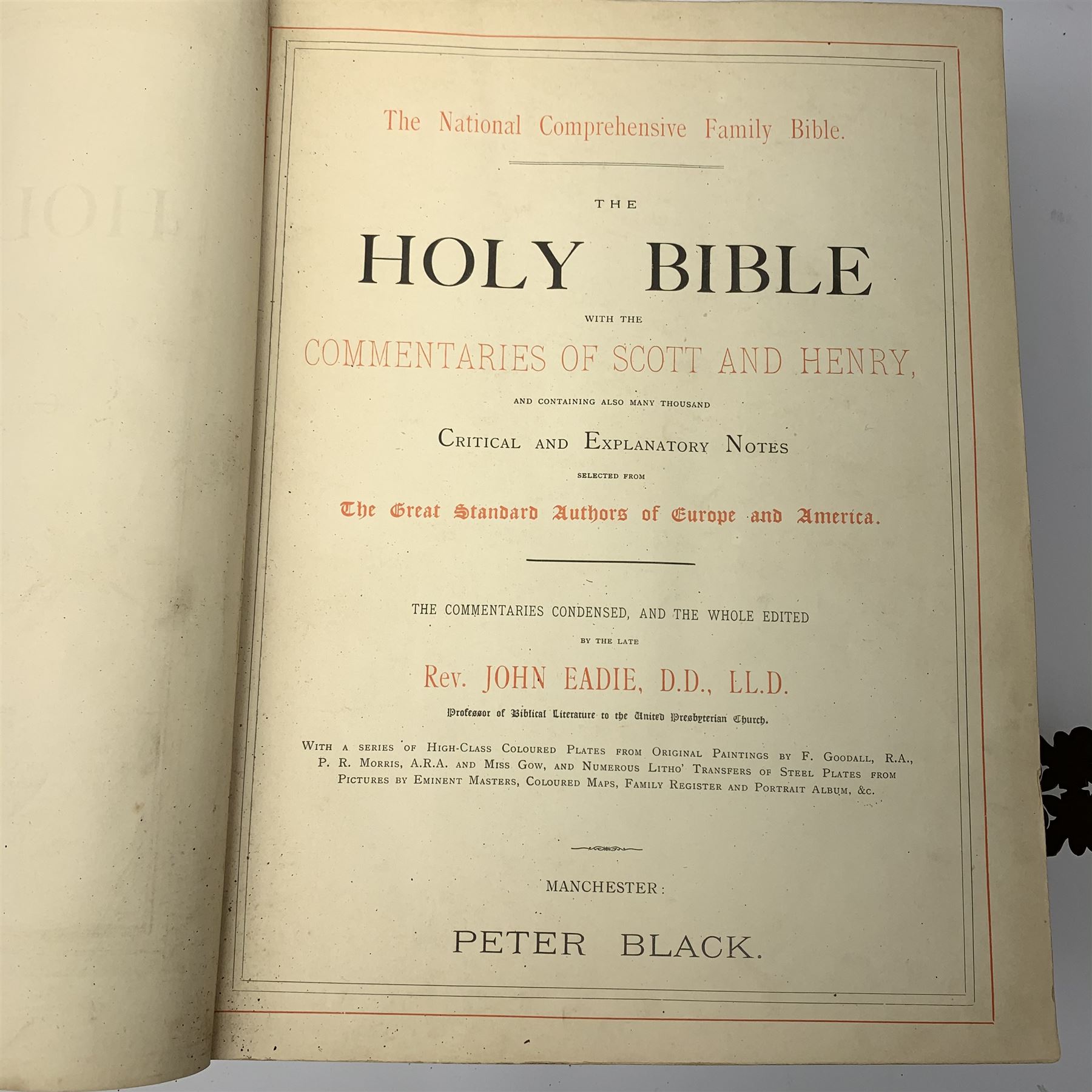 Victorian Rev. John Eadie leather bound Family Bible; three other Victorian leather bound Bibles; and another Victorian leather bound book The Altar of the Household edited by the late rev. John Harris (5)