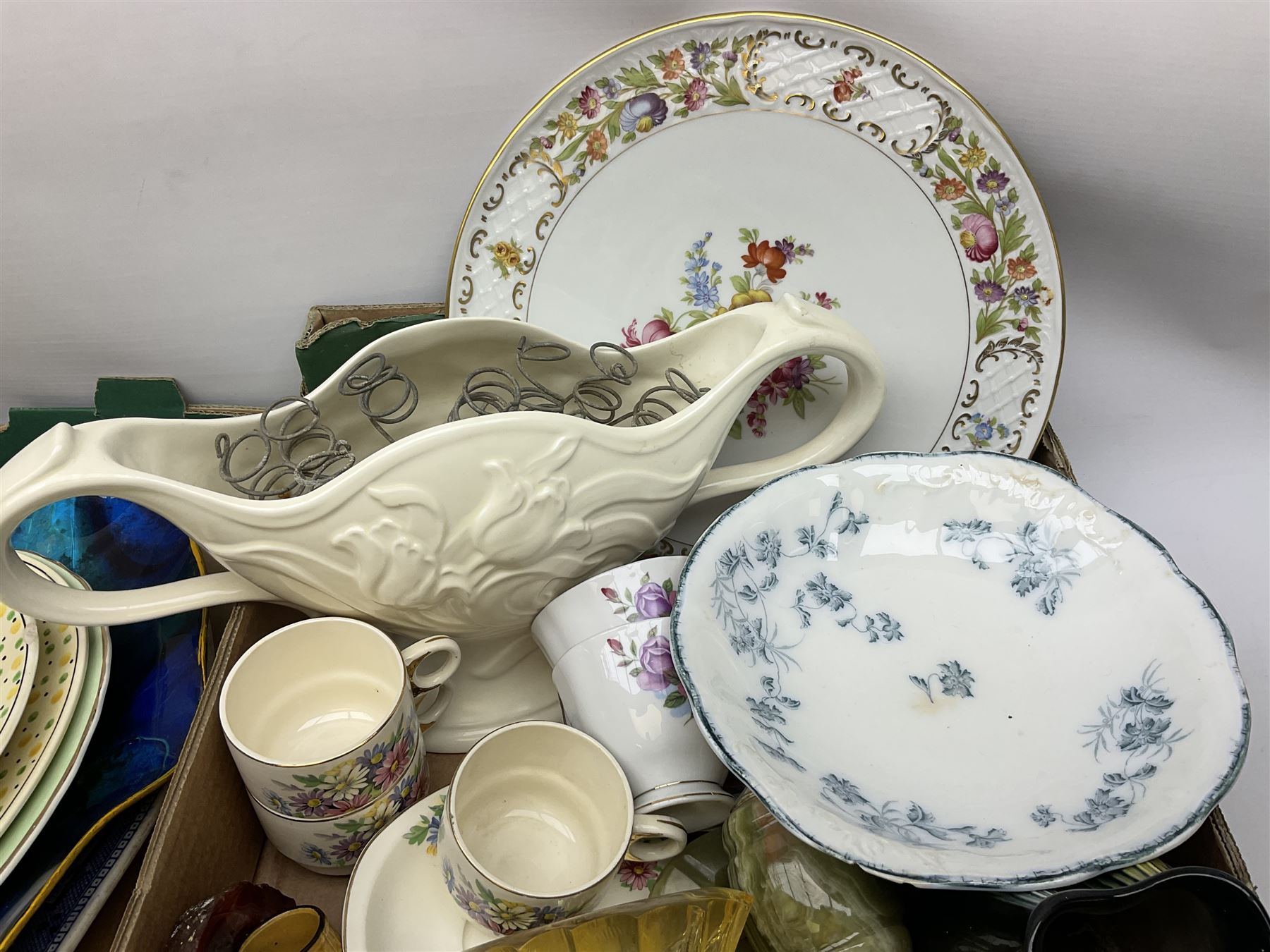 Large quantity of Victorian and later ceramics to include Spode Velamour twin handled vase, Bavaria Schumann Arzberg large circular stand and vase, Beswick Ware,  Spode, blue and white, Hanley and G Meakin, tea wares, figures, West German vase etc in six boxes