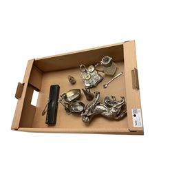 Collection of silver plate and pewter, including claret jug, dog figures, cocktail sticks ...