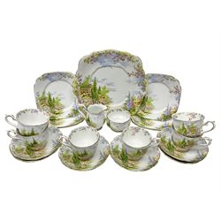 Royal Albert Kentish Rockery pattern tea service for six, comprising teacups and saucers, dessert plates, cake plate, milk jug and open sucrier 