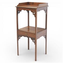 George III mahogany two tier night stand, rectangular tray top with three quarter gallery and shaped cut corners, pierced fret brackets to the apron, fitted with a single drawer to the lower tier, raised on slender square section legs