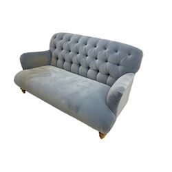 Tetrad - two seat sofa upholstered in baby blue buttoned fabric, on turned light beech front feet