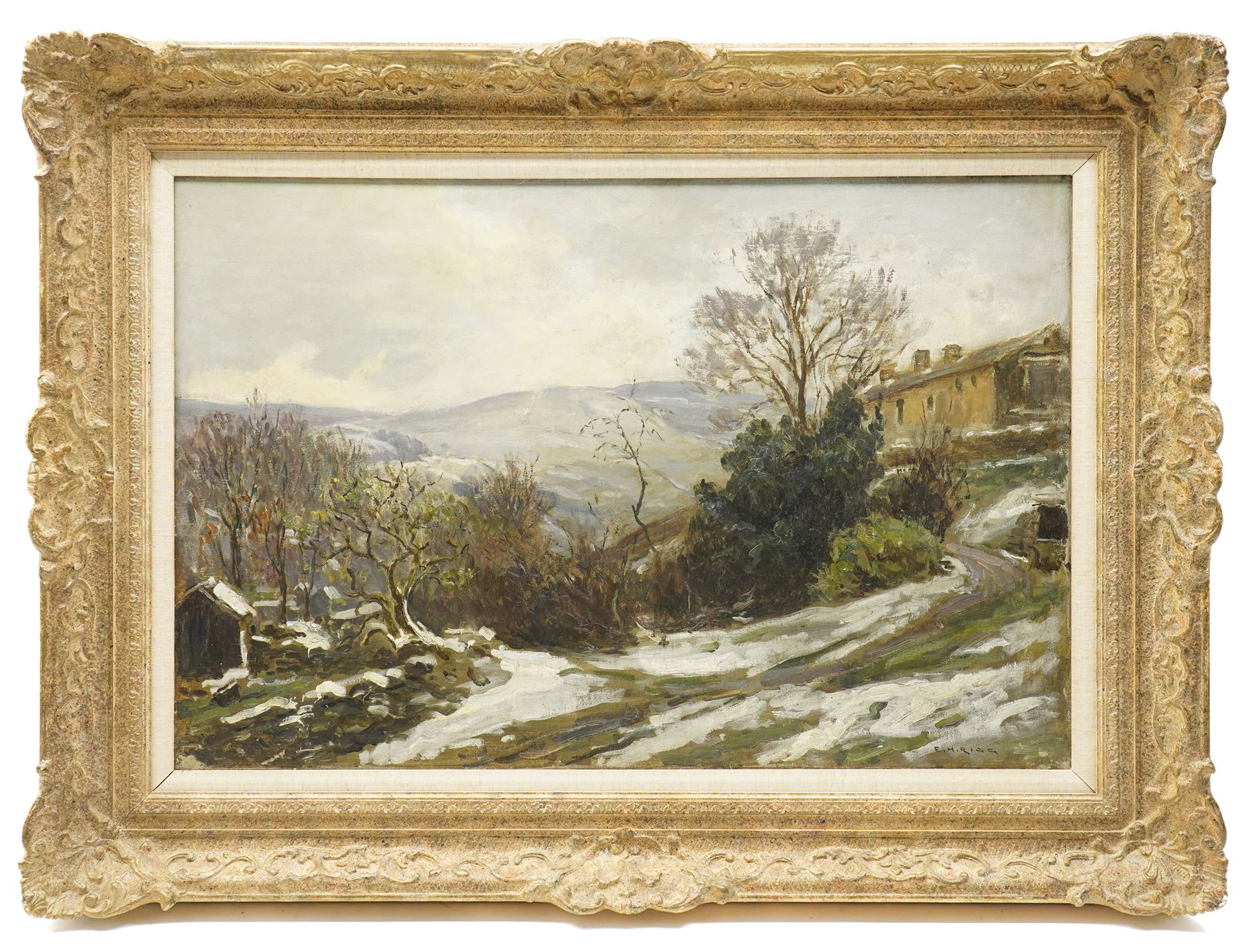 Ernest Higgins Rigg (Staithes Group 1868-1947): Snow at Paradise - Low Row, oil on canvas signed 50cm x 76cm