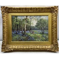 William Ashton (British 1853-1927): Two Girls in Bluebell Wood, oil on canvas signed 24cm x 34cm