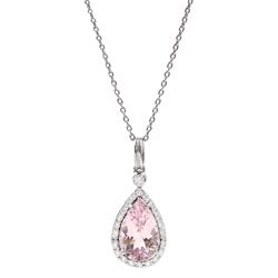 18ct white gold pear shaped morganite and round brilliant cut diamond pendant, stamped 750, on silver chain, morganite approx 2.75 carat