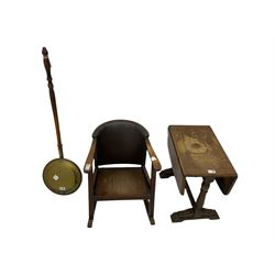 Child's beech framed rocking armchair, Victorian brass, copper and walnut bed pan, and a small drop leaf oak table
