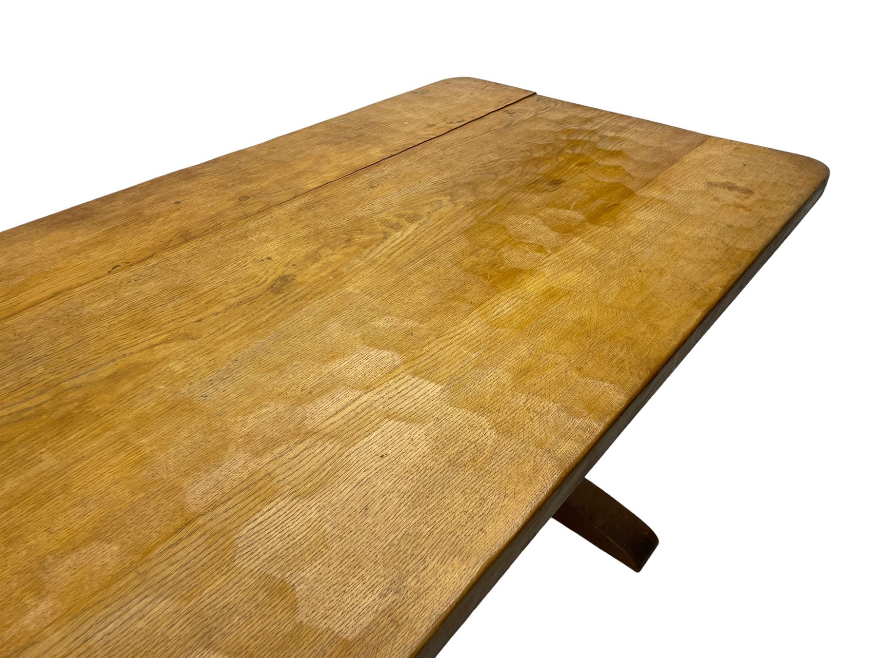 Gnomeman - large oak refectory dining table, rectangular adzed top on shaped end supports with sledge feet, united by pegged stretcher, carved with gnome signature, by Thomas Whittaker, Little Beck