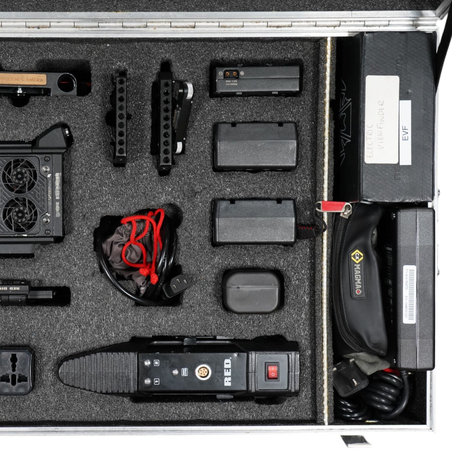 RED Epic-W Helium 8K camera body serial no. 13024E6A9, with RED EVF, three RED Mini Mag 512GB cards, one 480 Mini Mag card and reader, two RED V-Mount batteries and charger, RED top handle, Wooden Camera Easy Top top plate and one other top plate, various accessory cables, Wooden Camera bridge plate for 19mm studio rods, 12 inch Wooden Camera Dovetail plate and four 19mm studio rods to include two 380mm and two 610mm, with original Epic-W camera box and contained within a custom cut flight case