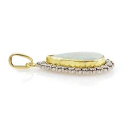 18ct gold pear cut opal and round brilliant cut diamond pendant, Sheffield 1992, opal approx 3.00 carat, total diamond weight approx 0.80 carat
