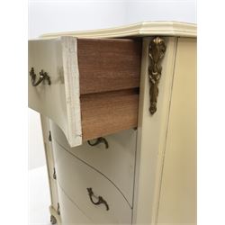 French style cream painted serpentine chest, moulded top, five drawers, cabriole feet
