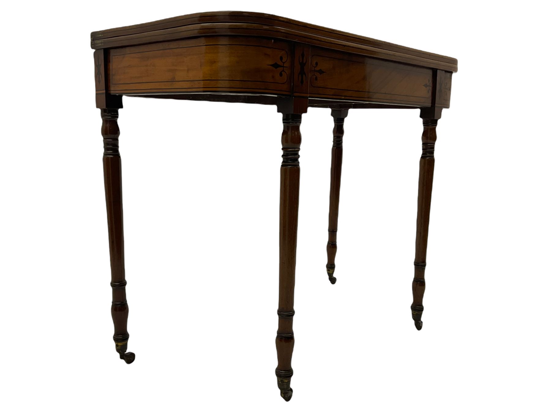 Early 19th century inlaid mahogany D-shaped tea table, fold-over top