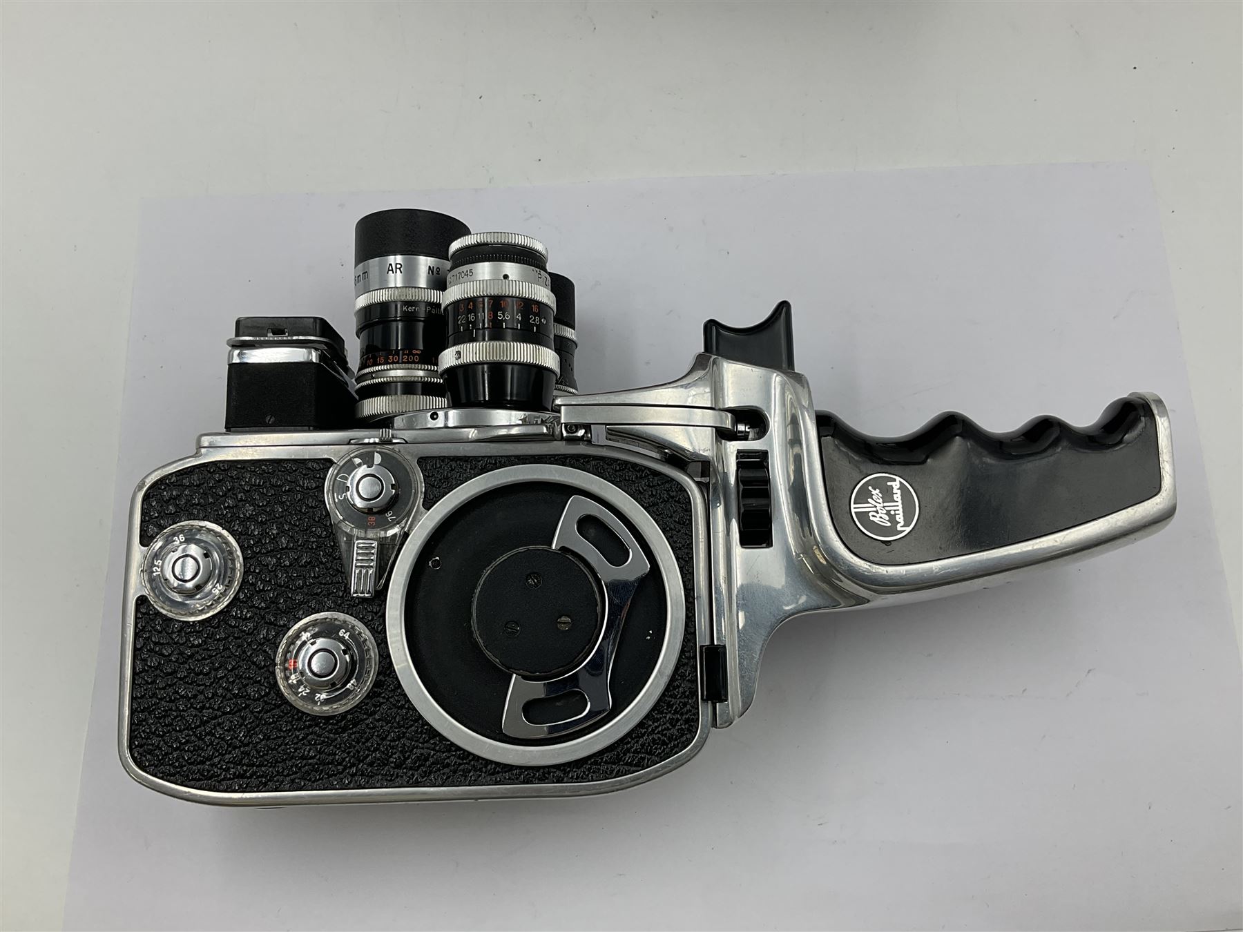 Paillard Bolex D8L STD 8mm cine camera body, serial no. 831223, with 'Paillard Switar 1:1.8 f=36mm AR' lens, serial no. 769123, Paillard Yvar 1:1.8 f=13mm AR' lens, serial no. 782154 and Paillard Pizard 1:1.9 f=5.5mm AR' lens, serial no. 717045, in leather carry case