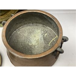 Copper pot with twin iron handles, large heavy planished brass charger and brass crocodile tray, charger D59cm