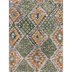Kilim grey and green ground rug, overall geometric design decorated with lozenges