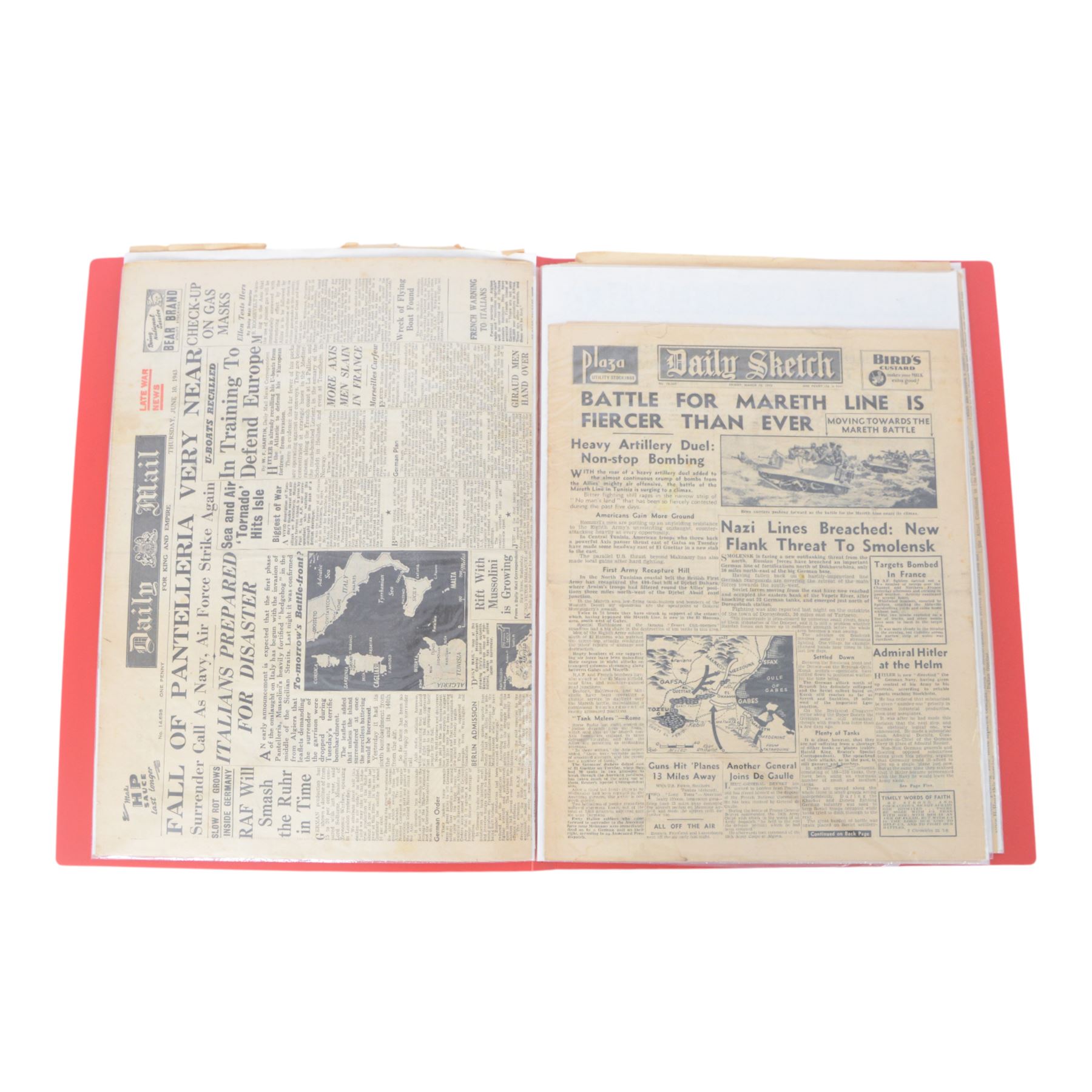 WWII collection of fourteen magazines from British Newspapers 1942-1945 contained in presentation folder 
