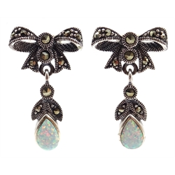 Pair of opal and marcasite silver bow stud ear-rings stamped 925