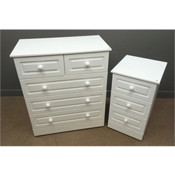  Ivory finish chest, two short and three long drawers, plinth base on castors, (W83cm H97cm, D45cm) and matching bedside chest, three drawers  
