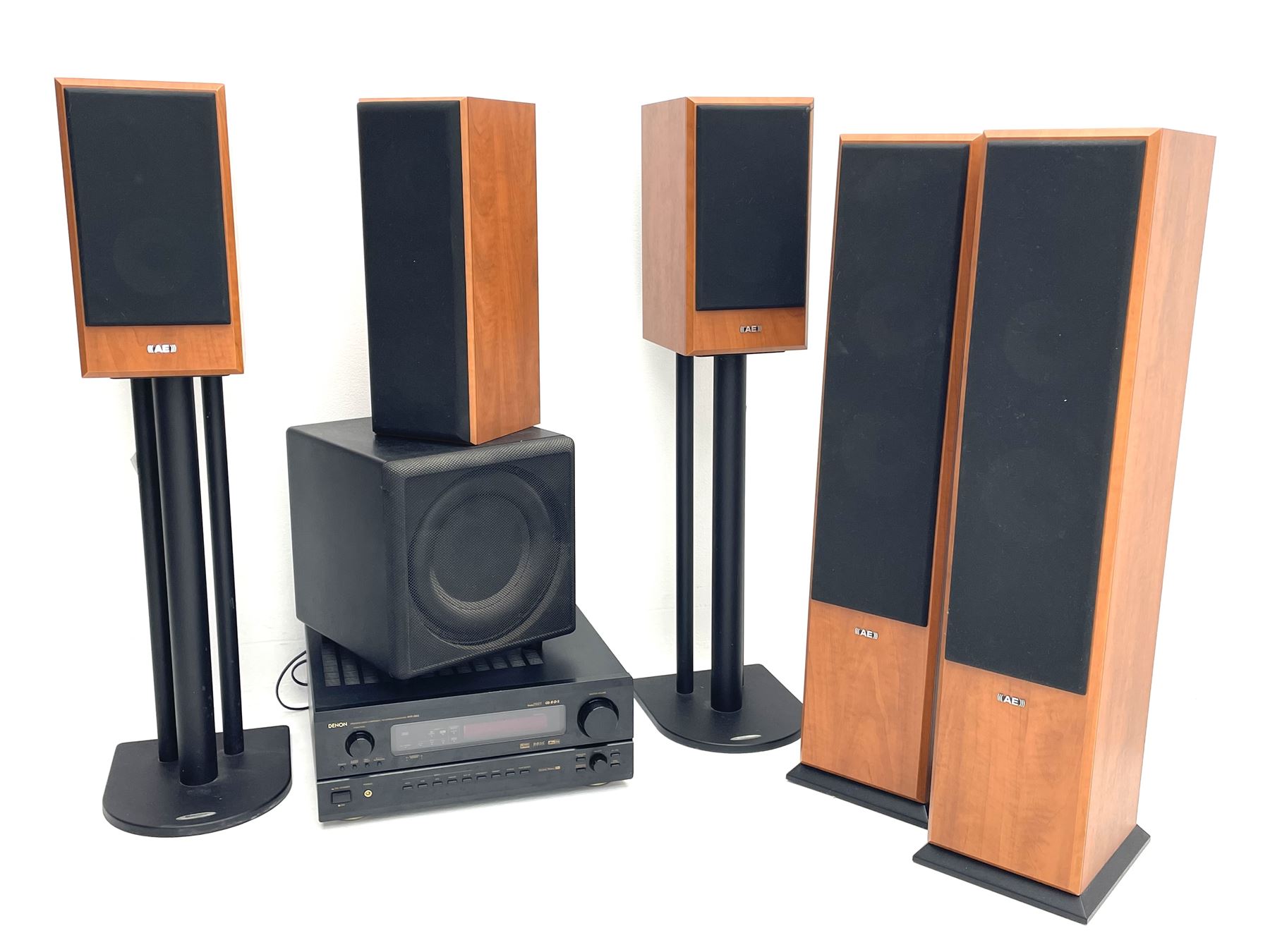 Stereo System - Denon AVR-3802 amplifier, Ral Q201E subwoofer, pair AE AEGISEVO THREE speakers, pair AE AEGISEVO ONE speakers on stands and AE AEGISEVO centre