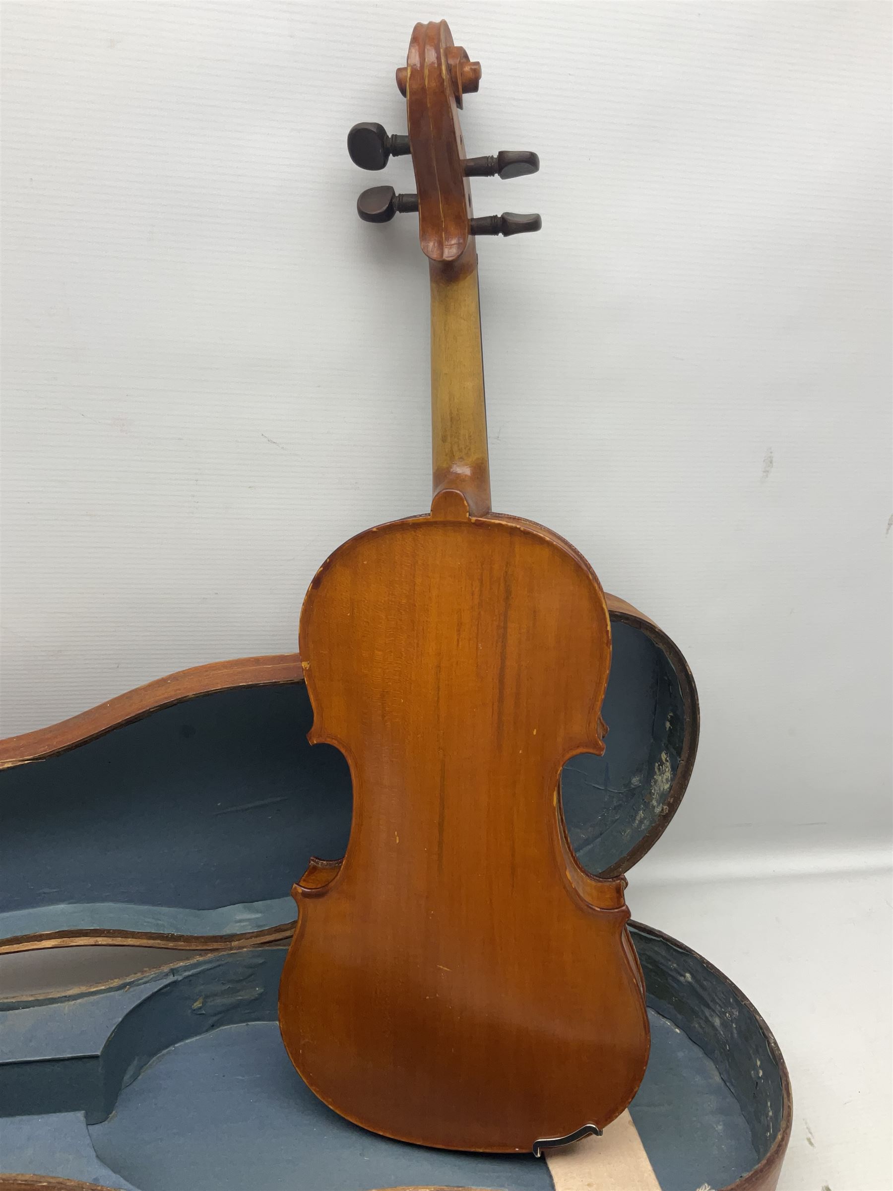 20th century French violin with 36cm one-piece maple back and ribs and spruce top L59cm overall; in mahogany stained wooden carrying case