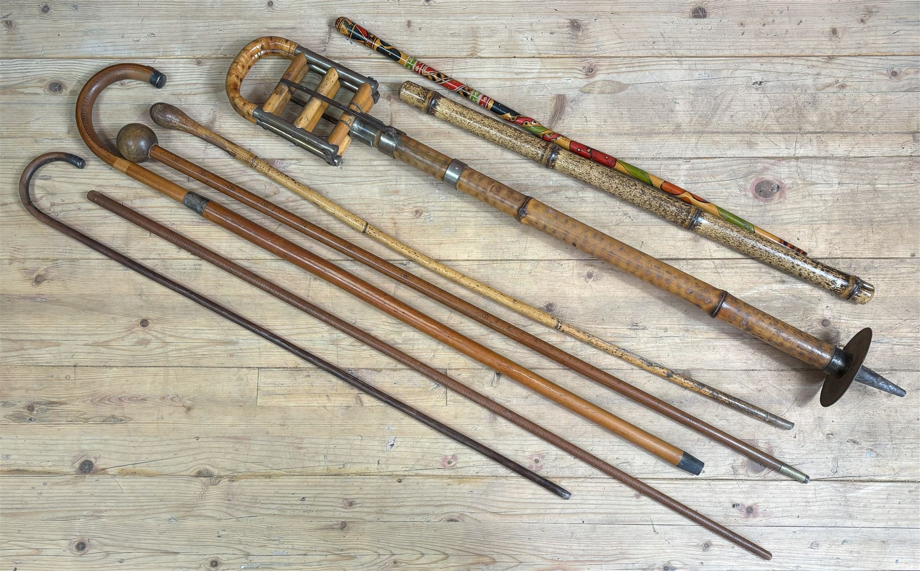 Edwardian bamboo shooting stick (L87cm) together with two a silver mounted Malacca cain, (L88cm) two measuring sticks, etc (8) - COLLECTION BY APPOINTMENT FROM: The White House, Thirsk Road, Easingwold, York, YO61 3NF - CALL 01723 507111 TO ARRANGE