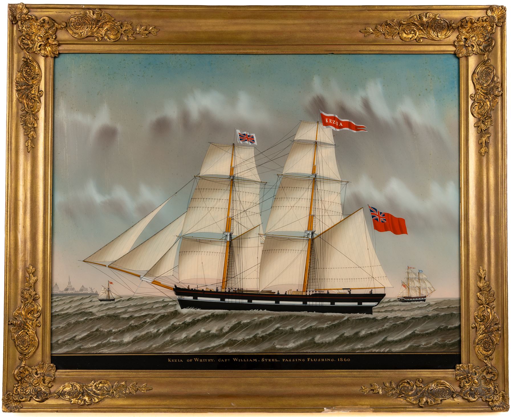 English School (19th century): 'Kezia of Whitby, Capt. William Steel, Passing Flushing, 1860', reverse painting on glass unsigned 56cm x 72cm