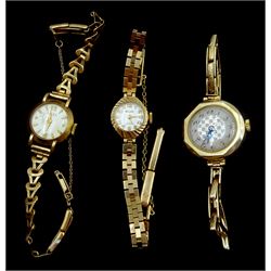 Three ladies 9ct gold manual wind bracelet wristwatches, all hallmarked or stamped