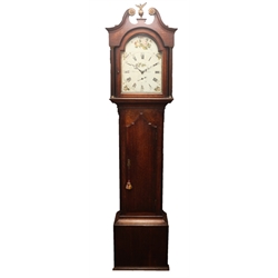  Early 19th century oak longcase clock, swan neck pediment with eagle finial, fluted column pilasters, pointed broken arch trunk door enclosed by fluted canted corners, 30-hour movement striking on bell, enamel dial painted with flowers signed 'J.Bancroft Scarbro', H215cm  