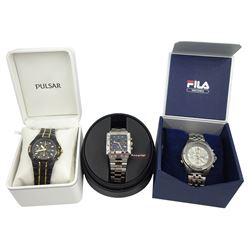 Pulsar ion-plated stainless steel 100m chronograph quartz wristwatch, model No. YM92-X243, Accurist stainless steel alarm chronograph quartz wristwatch and a Fila stainless steel 200m chronograph quartz wristwatch, all boxed 