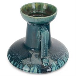 Linthorpe twin handled vase, in green and blue trailing glaze, impressed marks beneath, H22cm 