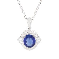 18ct white gold oval cut sapphire, round tapered baguette cut diamond cluster pendant necklace, sapphire approx 1.40 carat, total diamond weight approx 0.65 carat