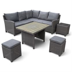Kettler - Palma rattan garden lounge suite, comprising modular corner sofa (DIM) with slatted and rattan garden table on end supports (DIM), and three stools (DIM), with loose seat cushions