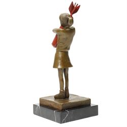 After Banksy - 'Bomb Love', bronze figure of a girl holding bomb, bearing signature, on marble base, overall H32.5cm
