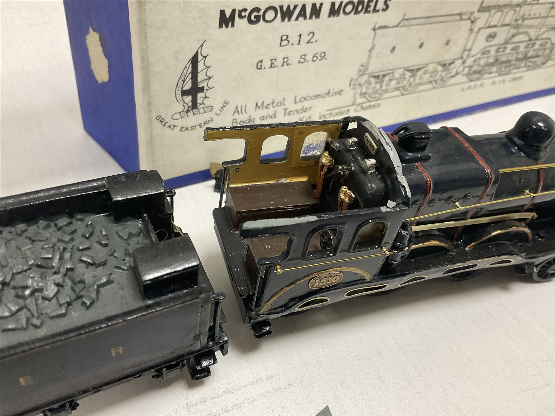 ‘00’ gauge - three kit built steam locomotives comprising GER Class S69/B12 4-6-0 no.1510 finished in GER blue, with McGowan Models box; Aspinall Class 1008 2-4-2T no.50887 finished in BR black, with McGowan Models box; MR/LMS Class 1P 0-4-4T no.1268 finished in LMS black with Craftsman Models box (3) 