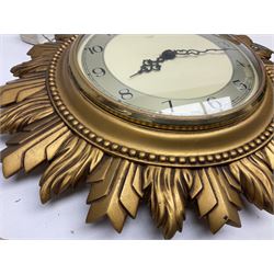 Two Smiths Sectric gilt sunburst wall clocks together Metamec Dereham wooden mantel clock, largest wall clock D35cm