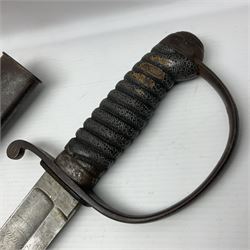 Mid-19th century Prison Officer's sidearm, the 55cm slightly curving fullered blade double edged at tip by Parker Field & Sons 233 Holborn London inscribed 'Brixton Prison',  steel knucklebow and downswept quillon marked 18(?81), stepped pommel and ribbed fishskin grip; in leather covered scabbard with steel mounts marked with broad arrow and '14'  L69.5cm overall