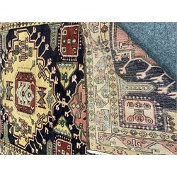 Turkish design blue and beige ground rug, triple medallion, repeating border