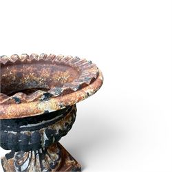 Circle of Coalbrookdale - 19th century cast iron and black painted campana shape urn with flared and scalloped rim, gadrooned underbelly on stepped square base