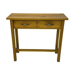 Laura Ashley - contemporary Milton oak console table, rectangular top over two drawers with pewter effect bow handles, on square legs supported by stretcher 