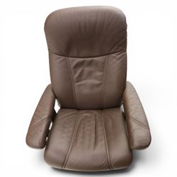 Ekornes - Stressless medium brown leather recliner swiveling armchair and stool, brown leather recline with stitching, together with a matching stool, on a round base