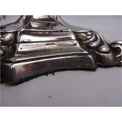 Modern silver five branch candelabra centrepiece, the four extending branches each with removable sconces, surrounding a central candle holder, upon a knopped stem and weighted stepped square foot, with anthemion to each corner, hallmarked Roberts & Belk, Sheffield 1984, H36cm 