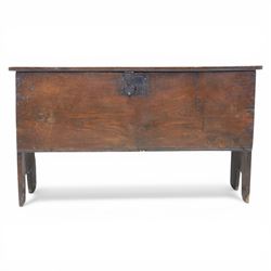 18th century oak coffer, with patinaed plank top, with iron strap hinges and latch 